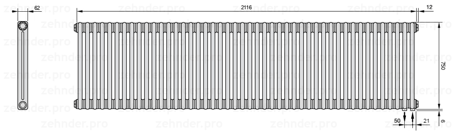 Схема (чертеж) Радиатор Zehnder Charleston 2075/46 №5510 Белый глянцевый RAL 9016